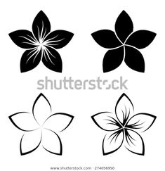 four black and white flowers with leaves on the bottom, one flower has three petals