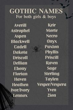 Gothic names for both girls & boys ( gender-neutral) 🕷️ Antagonist Name Ideas, Story Character Name Ideas, Good Story Names, Names For Demons, Male Gothic Names, Spider Names Ideas, Fanfic Name Ideas, Goth Girl Names List, Fun Names Ideas