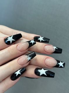 #nail #nailart #acrylics #fakenails Nail Inspired Medium, Black Acrylics With Design, Hoco Acrylic Nails, Purple Grunge Nails, Az Nails, Emo Nail Art, Shifting Wardrobe, Stars Nails, Black French Tip