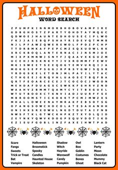 halloween word search for kids with spider webs and pumpkins on the bottom page