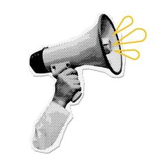 a hand holding a yellow and black megaphone sticker on a white background in halftone