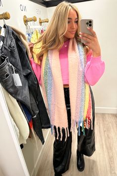 Bright Scarf Outfit Winter, Trendy Multicolor Spring Scarves, Multicolor Acrylic Casual Scarves, Pastel Winter Scarf, Multicolor Acrylic Winter Scarves, Rainbow Scarf, Eucalyptus Mint, Black Brick, Pink Lemon