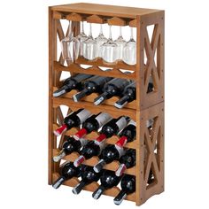 a wooden wine rack filled with lots of bottles and glasses