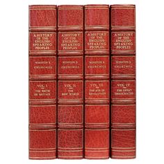 six red books with white lettering on them