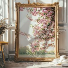 an ornate gold frame with pink flowers in the background and a white wall behind it