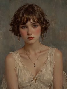 a painting of a woman with short hair wearing a white dress and gold necklaces