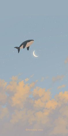 an orca whale swims in the sky with a half moon above it and clouds below