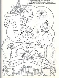 a christmas coloring page with an image of a santa clause and presents on the bed