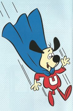 a cartoon dog flying through the air with a blue cape over his head and red pants