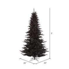 a black christmas tree with measurements for the top and bottom branches, on a white background