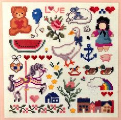 a cross stitch pattern with various items on it