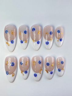 ☆ Evil Eye French Tip Nails ☆ ------- ☆ Why Angelis Nail Studio?: ANS press-ons are made with high quality gels and supplies. I have over 3.5 years of experience with gel nail art and truly put my best effort into each and every set! <3 All sets are made with Apres Gel-X soft gel nail tips, meaning you'll be receiving some of the most durable and flexible nails available. In other words, you'll have salon-quality, reusable gel nails with unique designs -- none of those flimsy, factory-made press Evil Eye French Tip Nails, Vacation Nails Summer, Gold Flake Nails, Nails Evil Eye, Blue French Tip, Nails Vacation, French Tip Press On Nails, Blue French Tips, Nails Summer Nails