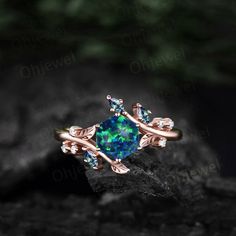 "This is a hexagon cut 6x6mm lab black opal engagement ring in solid gold, The accent stones are Alexandrites and diamonds or moissanites. The band width is about 1.4mm. It can be made in any ring size. However please contact me to custom make it to a special big or small size. It can be made in white gold,rose gold or yellow gold with 14k or 18k. However for some people who are nickel allergic,I can also make it to 925 sterling silver to make you can wear it. The ring is handmade,very high qual Diamond Ring Women, Black Opal Engagement Ring, Opal Engagement Ring Rose Gold, Lab Black, Forever Rings, Black Opal Ring, Opal Engagement Ring, Opal Wedding Rings, Engagement Ring Rose Gold