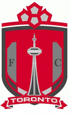 the toronto fc logo is shown in red and gray with an emblem on it's side