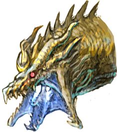 an artistic drawing of a dragon's head with red eyes