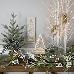 christmas decorations on a mantle with pine cones and evergreens