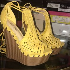 Mustard Yellow Wedges Brand New 6.5 Justfab Yellow Lace-up Heels For Summer, Trendy Yellow Lace-up Heels, Trendy Yellow Wedge Heel Shoes, Trendy Yellow Wedge Heel, Trendy Yellow Wedge Heels, Yellow Wedges, Goth Shoes, Extreme High Heels, Just Fab Shoes