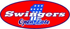 the swingers open late logo is shown in red, white and blue with an american flag on it