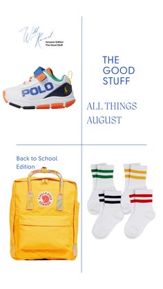 the back to school bag is next to two pairs of shoes and a pair of socks