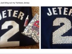 two baseball jerseys with sequins on them, one is blue and the other is white