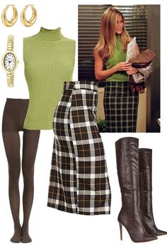 Rachel Green Outfits Thanksgiving, How To Dress Like 90s Outfit, Green Top Skirt Outfit, Friends Iconic Outfits Rachel, Fun 90s Outfit, 90s Green Outfit, Blouse And Pencil Skirt Outfit, Fun Elegant Outfit, 90s Fashion Office