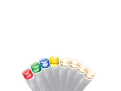 six white toothbrushes with different colors on them