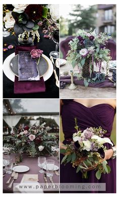 purple and green wedding color palettes with white flowers, greenery, silverware