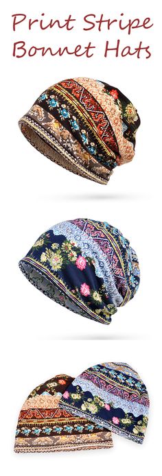 three hats with different patterns on them and the words print stripe bonnets written below