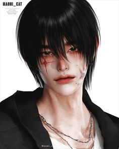 an anime character with black hair and blood on his face