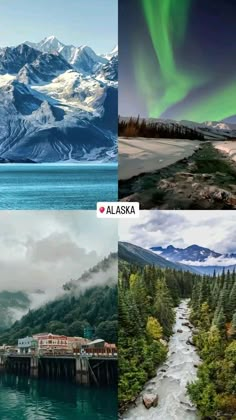 four different pictures with the words alaska and mountains in each one photo, along with an image of a river running through it