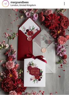 red and white wedding stationery with flowers