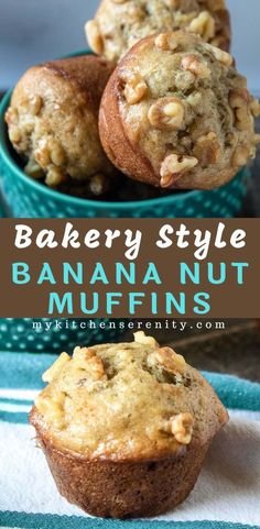 banana nut muffins in a blue bowl with the title above it and below