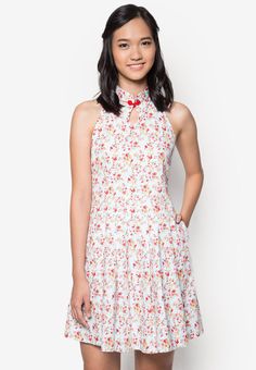 Floral Qipao Floral Cheongsam Halter Cheongsam by MOJONET on Etsy Sleeveless Cotton Mini Dress With Floral Print, Sleeveless White Dress With Fruit Print, Sleeveless Cotton Dress With Cartoon Print, Sleeveless White Dress With Strawberry Print, Cute Cherry Print Cotton Dress