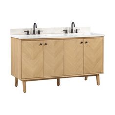 two sinks are shown on the side of a cabinet with wood legs and black faucets