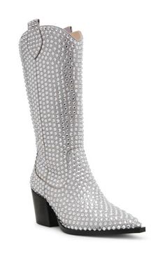 A classic Western boot goes glam with allover rhinestones that sparkle and shine, while a block heel and snip toe maintain classic cowboy style. 2 3/4" heel 9 1/2" shaft; 14 3/4" calf circumference Inset side-zip closure Textile upper/synthetic lining and sole Imported Classic Cowboy, Western Boots Women, Sparkle And Shine, Cowboy Style, Western Boot, Nordstrom Store, Western Boots, Boot Shoes Women, Betsey Johnson