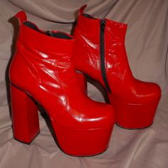 The Most Beautiful Carmine Red Real Leather Babies From My Time-Machine Closet. In Great Shape, Size 8.5 Thanks From Marsha Kay! Red Platform Boots With Reinforced Heel For Party, Red Platform Boots With Red Sole For Party, Red High-top Platform Boots For Party, Vintage Red Round Toe Heels, Vintage Red Heels With Round Toe, Party Boots With Red Sole And Square Toe, Retro Red Almond Toe Heels, Bold Leather Platform Boots For Party, Vintage Red Heels For Fall