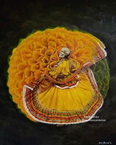 a painting of a woman in yellow dress with an orange flower on her head and arms