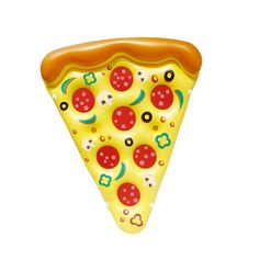 a large slice of pizza with toppings on it's side, in the shape of a triangle