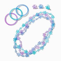 This cute jewelry set is triple the fun, with three sets of matching necklaces, bracelets, and rings in pastel blue and purple flowers. Wear the same color or stack different colors together! Claire's Club is our unique collection specifically designed for our younger customers. Carefully constructed to be safe for toddlers & young children, these accessories are recommended for ages 3-6. Jewelry Set by Claire's ClubPack Size: 9Includes: 3 necklaces, 3 bracelets, 3 rings Material: PlasticSuitable for ages 3-6 - Claire's Club Heart Jewelry Set - 9 Pack Crown Hair Clip, Sensitive Ears Earrings, Heart Jewelry Set, Piercing Kit, Flower Crown Hairstyle, Jewelry Kids, Special Occasion Hairstyles, Blue And Purple Flowers, Word Bracelet