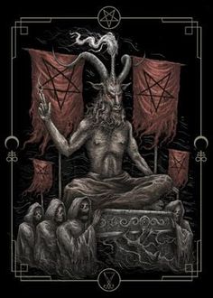 an illustration of a demon sitting on a bed surrounded by other demonic creatures and flags