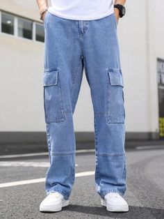 Is That The New Guys Flap Pocket Side Cargo Jeans ??| ROMWE USA Cargo Jeans Outfit, Denim Pants Outfit, Blue Cargo Pants, Jeans Outfit Men, Streetwear For Men, Blue Bodycon, Pants Outfit Men, Blue Bodycon Dress, Clothing Model