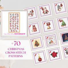 christmas cross stitch patterns are displayed on a table with the text overlay reads,'70 + christmas cross stitch patterns '