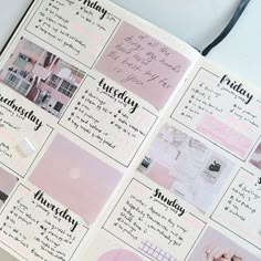 the inside of a planner with pink and black writing on it's pages, including pictures