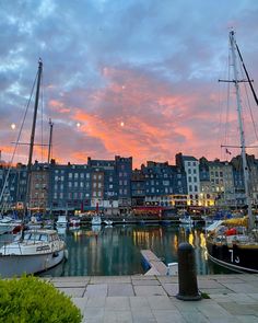 boats are docked in the harbor at sunset