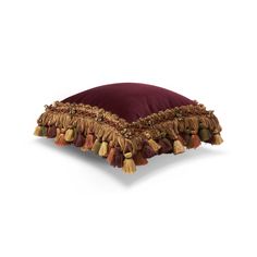 a red pillow with tassels and fringe on it's sides, sitting on a white surface