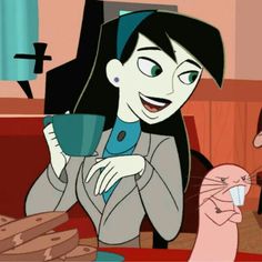 an animated woman sitting at a table holding a cup