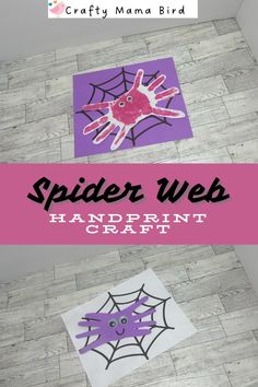 spider web handprint craft for kids on the floor with text overlay that reads, spider web handprint craft