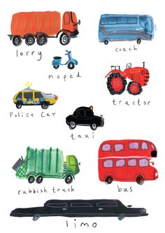 a drawing of different types of trucks and cars with words written in english on them