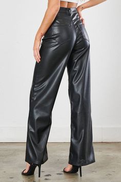 On trend wide leg ultra high rise vegan leather pant! This is a must have closet essential! Features 4 pocket construction and a zip fly closure. You'll be obsessed as these are also super comfy! Vegan leather Stretch fabric Wide leg Ultra High waisted 4 pocket construction 100% PU Rise 12.5" Inseam 32.5" Model is 5'9" & wearing a size 3 Luxury Leather Casual Bottoms, Cheap High Waist Leather Pants For Workwear, Luxury Straight Leg Faux Leather Bottoms, Luxury High-waisted Black Leather Pants, Luxury Leather Pants With Standard Cut, Luxury Black High-waisted Leather Pants, Luxury High Waist Trendy Leather Pants, Black Tie Leather Pants Nicole Miller, Luxury Leather Pants Standard Cut