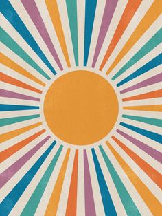 an abstract sunburst background with multicolored stripes and a yellow circle in the center